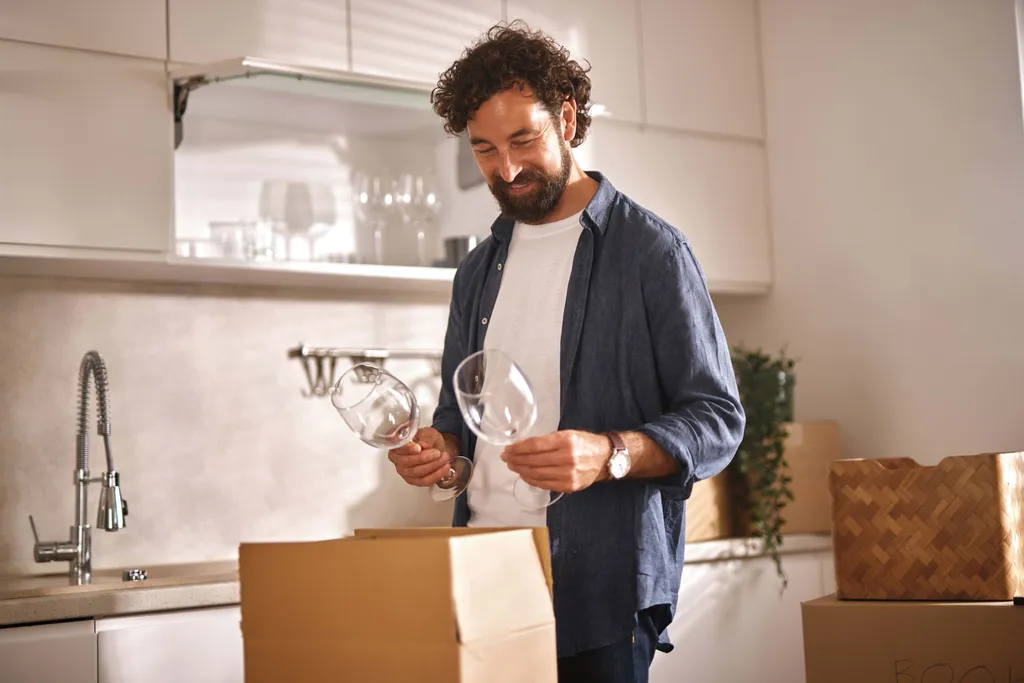 Mann packt nach einer Lieferung Weingläser aus einem Paket in der Küche aus