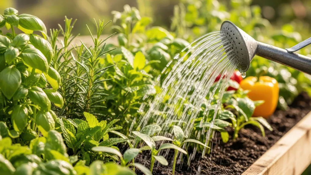 Ein üppiger Kräutergarten mit Basilikum, Rosmarin und Minze wird bei strahlendem Tageslicht mit einer Gießkanne bewässert.