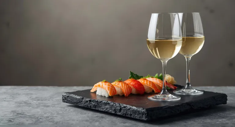 Sushi-Platte mit Lachs auf Schiefer, dazu zwei Gläser Weißwein, serviert auf einem strukturierten schwarzen Tablett.