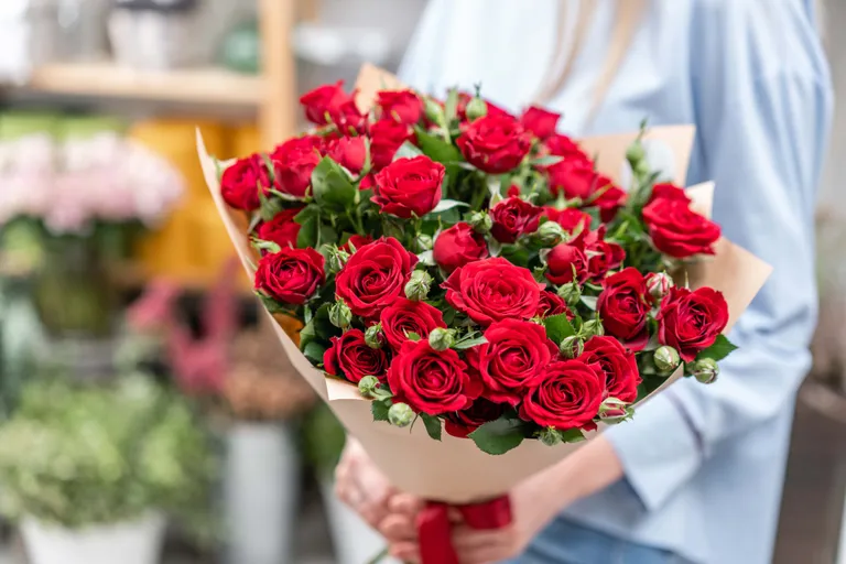Ein großer Strauß roter Rosen wird von einer jungen Frau im blauen Hemd getragen