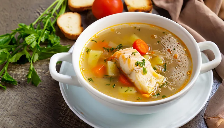 Eine Schüssel Fischsuppe mit Karotten, Kartoffeln und Kräutern auf einem Tisch, garniert mit Petersilie. Im Hintergrund liegen Brotscheiben und eine Tomate.