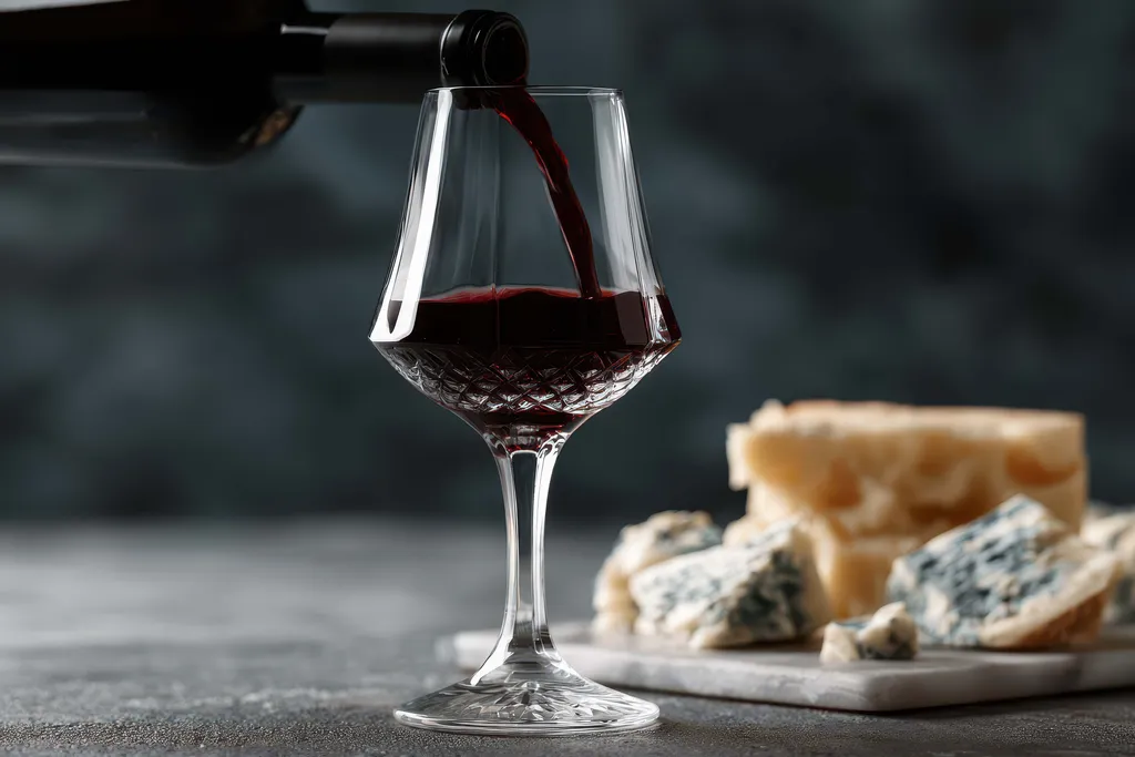 Ein Weinglas in das gerade Rotwein aus einer Flasche eingeschenkt wird neben einer Käseplatte mit verschiedenen Käsesorten