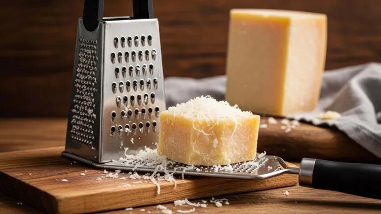 Eine Käsereibe mit geriebenem Käse auf einem Holzbrett, daneben ein Stück Käse. Der Hintergrund ist durch ein Tuch unscharf.
