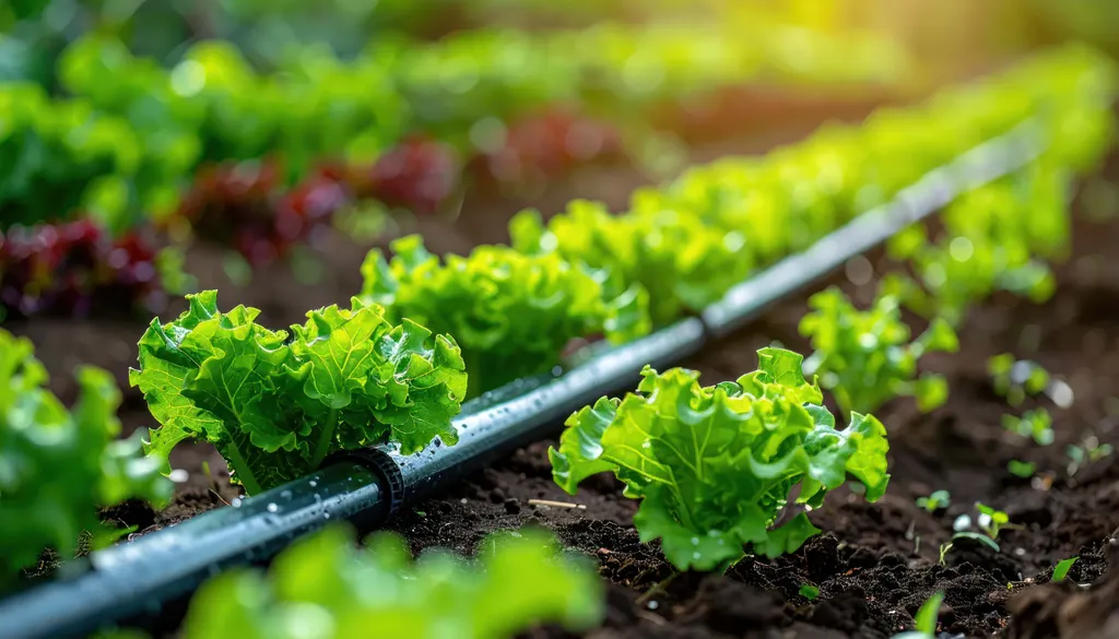 Reihen von grünem Salat, der in einem Garten mit einem Bewässerungsschlauch unter strahlendem Sonnenschein wächst.