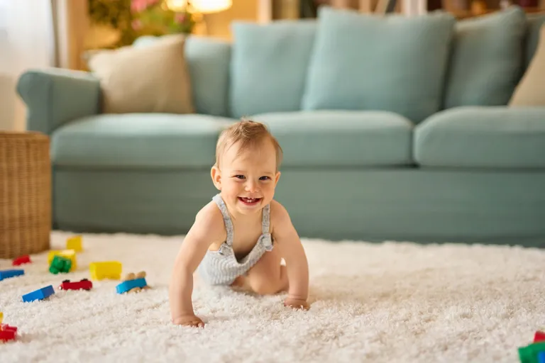 Fröhliches Baby krabbelt auf einem weichen Teppich im Wohnzimmer zwischen Bauklötzen