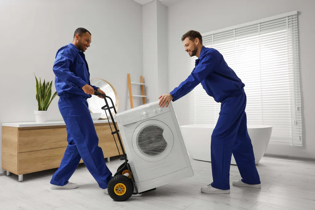 Zwei Servicemitarbeiter transportieren eine Waschmaschine in ein Badezimmer