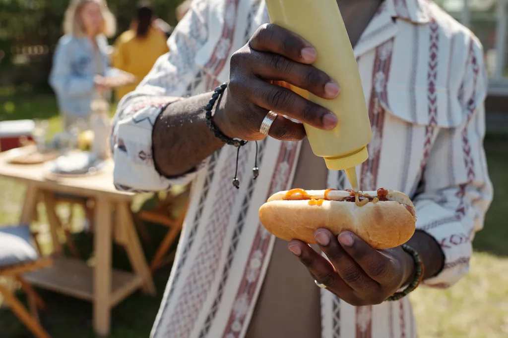 Eine Person tut sich gerade Senf auf einen frisch gegrillten Hotdog