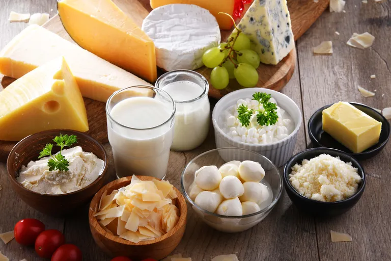 Eine Auswahl an Milchprodukten auf einem Holztisch, darunter Käse, Milch, Butter und Hüttenkäse, garniert mit Petersilie und dazu Trauben.