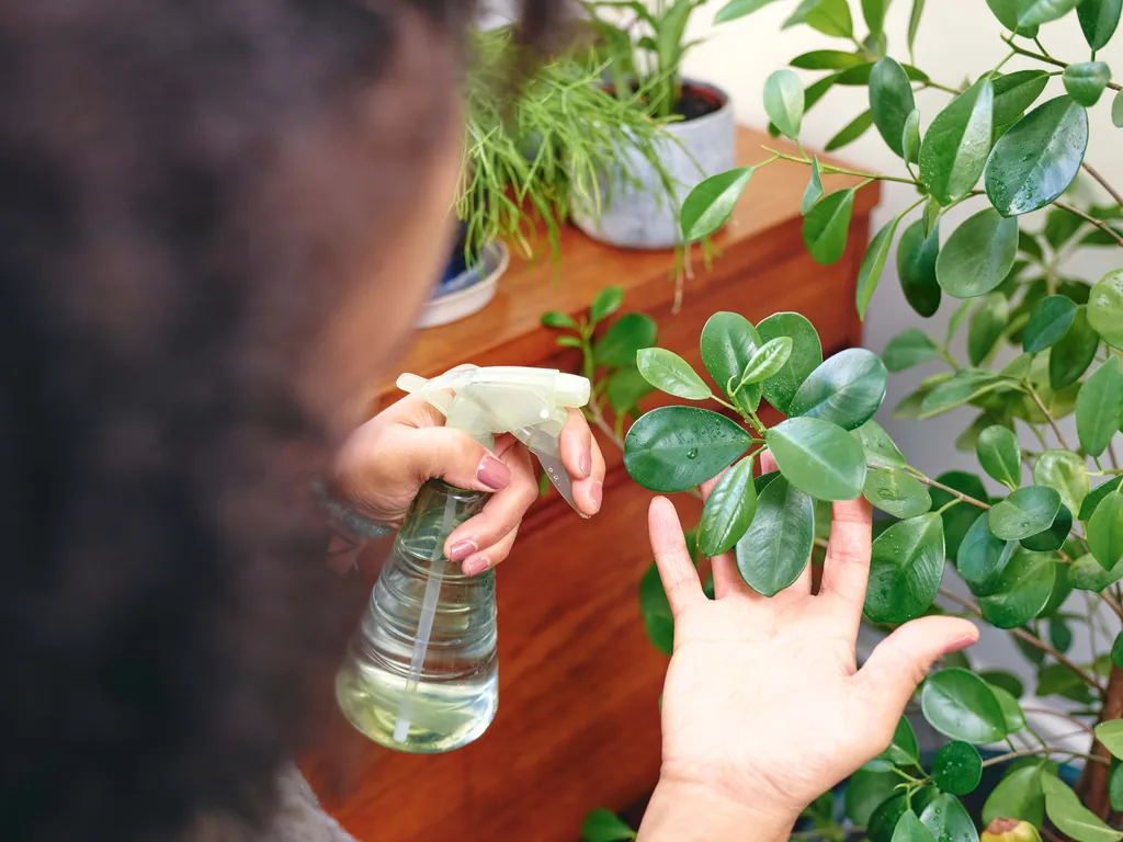 Eine Frau besprüht das Blatt einer Schefflera mit Wasser