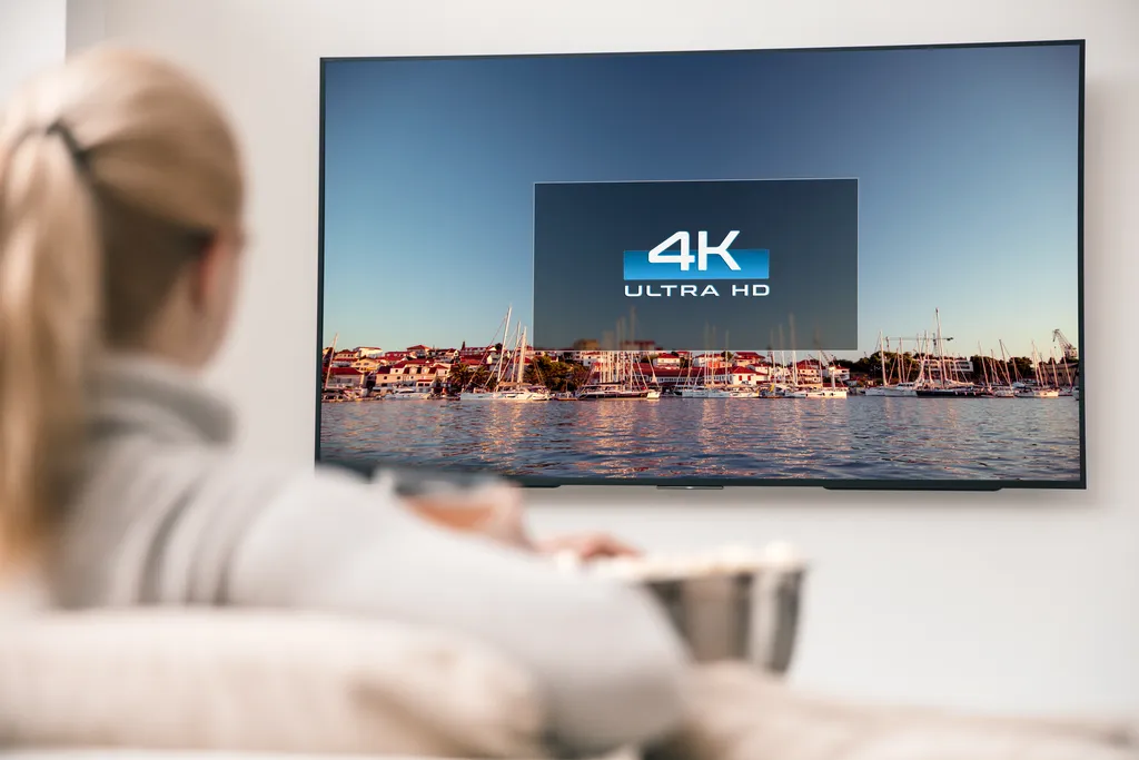 Frau sitzt vor an der Wand hängendem Fernseher, auf diesem sieht man einen Hafen, sowie die Schrift 4K UHD