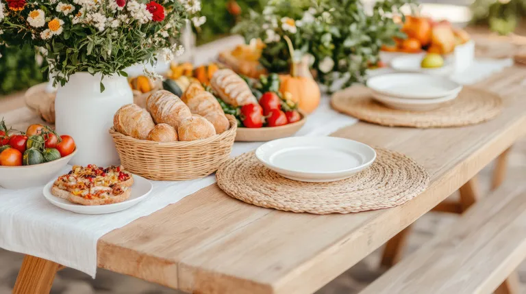 Gedeckter Tisch im Garten mit Tellern, Blumenschmuck, Brotkörben, Canapés etc