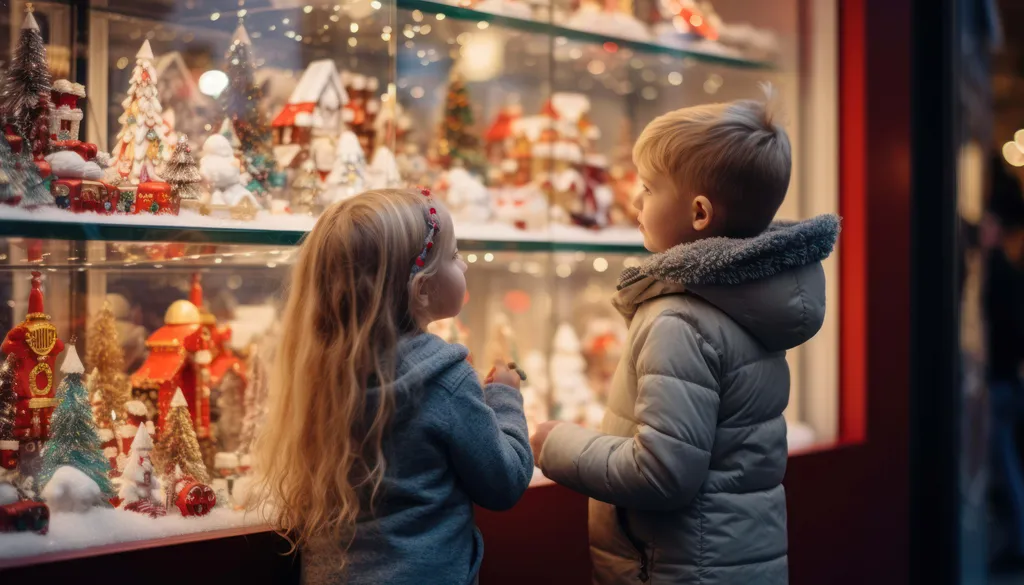 Zwei Kinder in Wintermänteln bewundern festliche Weihnachtsminiatur-Krippen in einem Schaufenster.