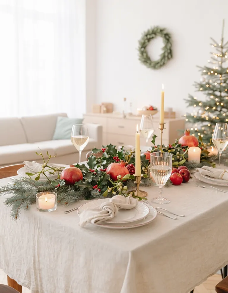 Eine weihnachtliche Tischdekoration in einem hellen, gemütlichen Wohnzimmer, gedeckt für ein Weihnachtsessen