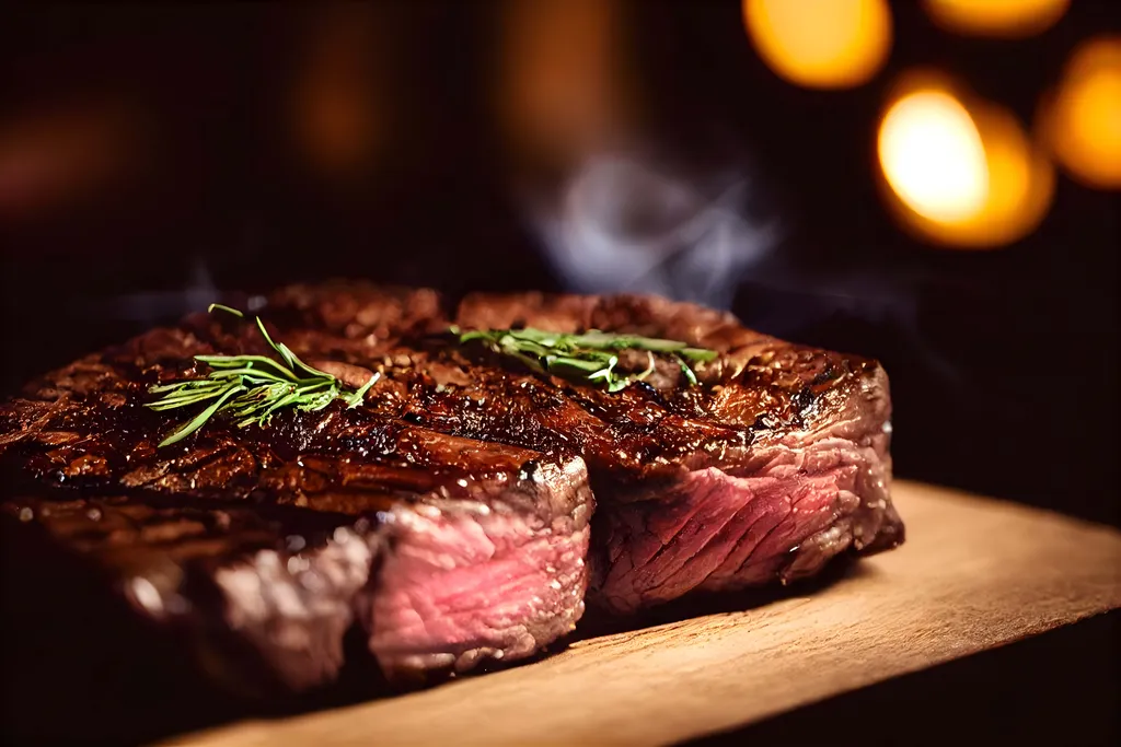 Nahaufnahme eines saftigen, gegrillten Steaks, das auf einem Holzbrett aufgeschnitten und mit frischen Rosmarinzweigen garniert ist.
