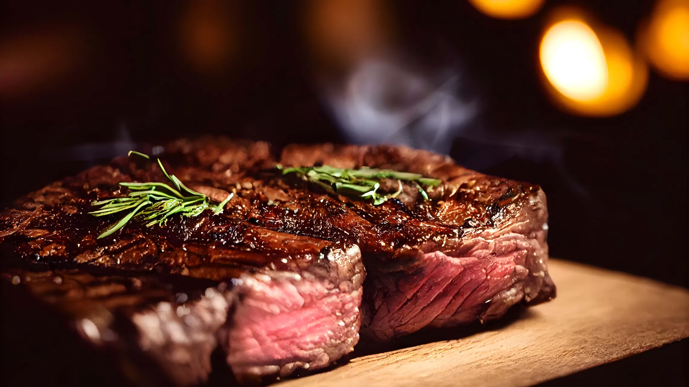 Nahaufnahme eines saftigen, gegrillten Steaks, das auf einem Holzbrett aufgeschnitten und mit frischen Rosmarinzweigen garniert ist.