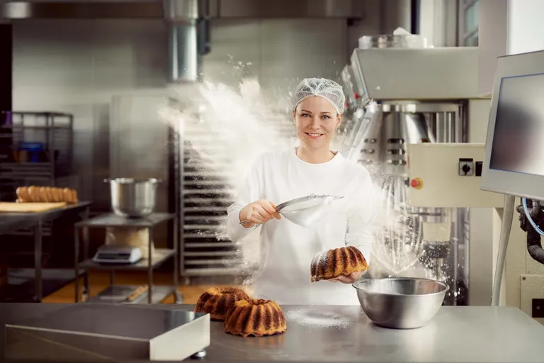 Konditorin bestäubt frisch gebackenen Kuchen in der Backstube mit Staubzucker