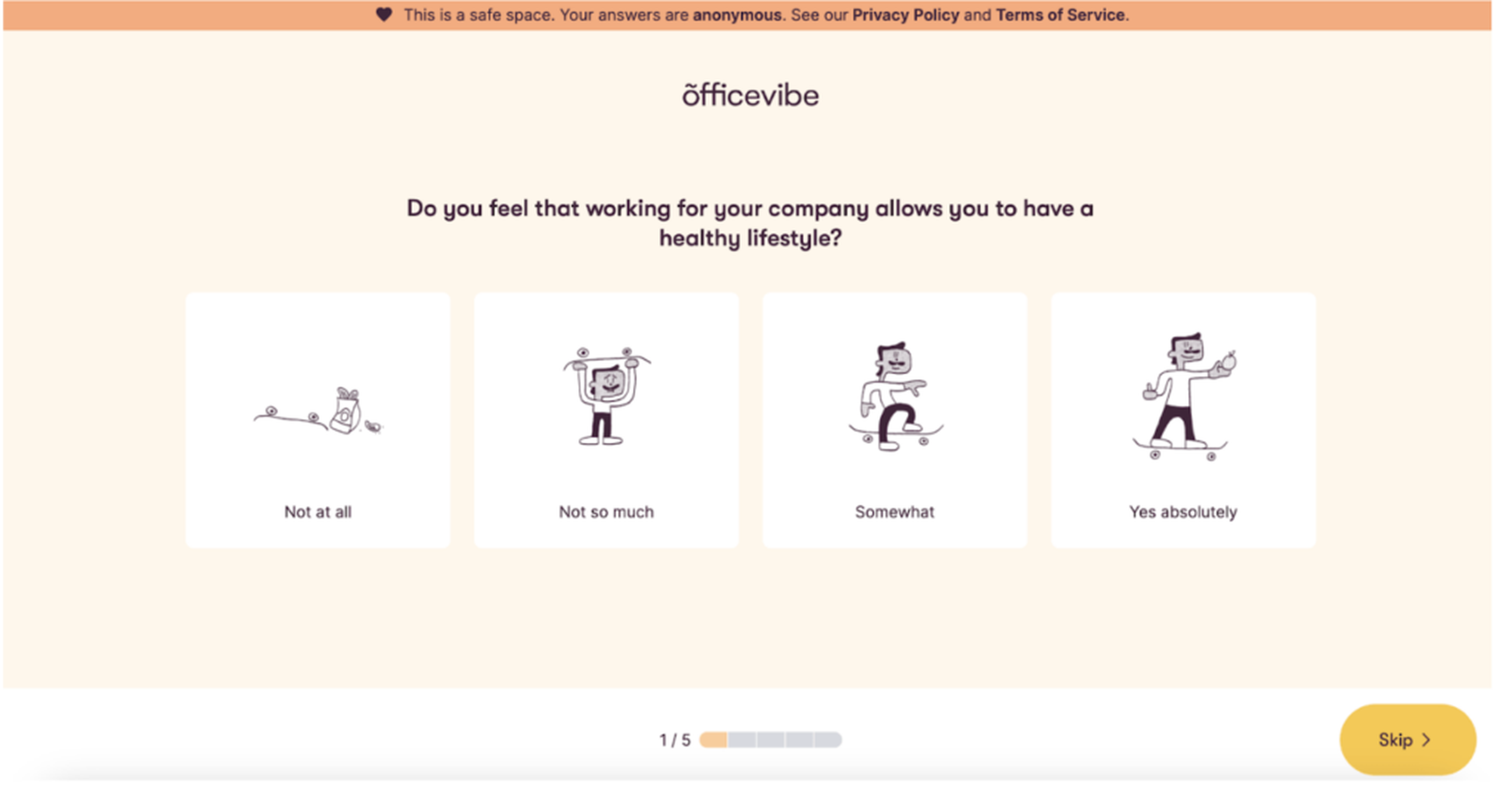 Survey question from Officevibe asks about work-life balance, offering four response options: "Not at all," "Not so much," "Somewhat," "Yes absolutely."
