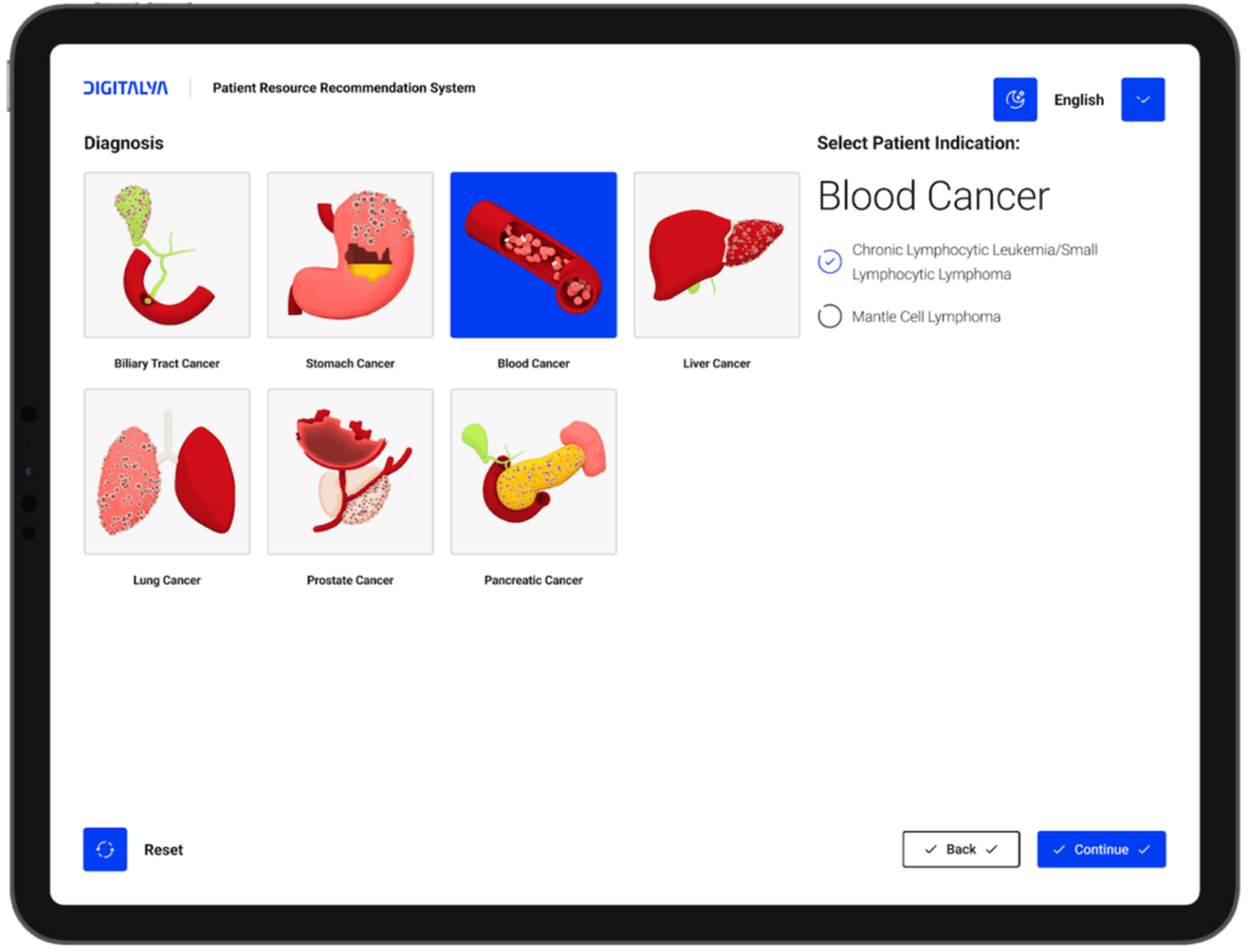 Tablet screen displaying a medical system interface with cancer types, highlighting "Blood Cancer" with selection options and navigation buttons.