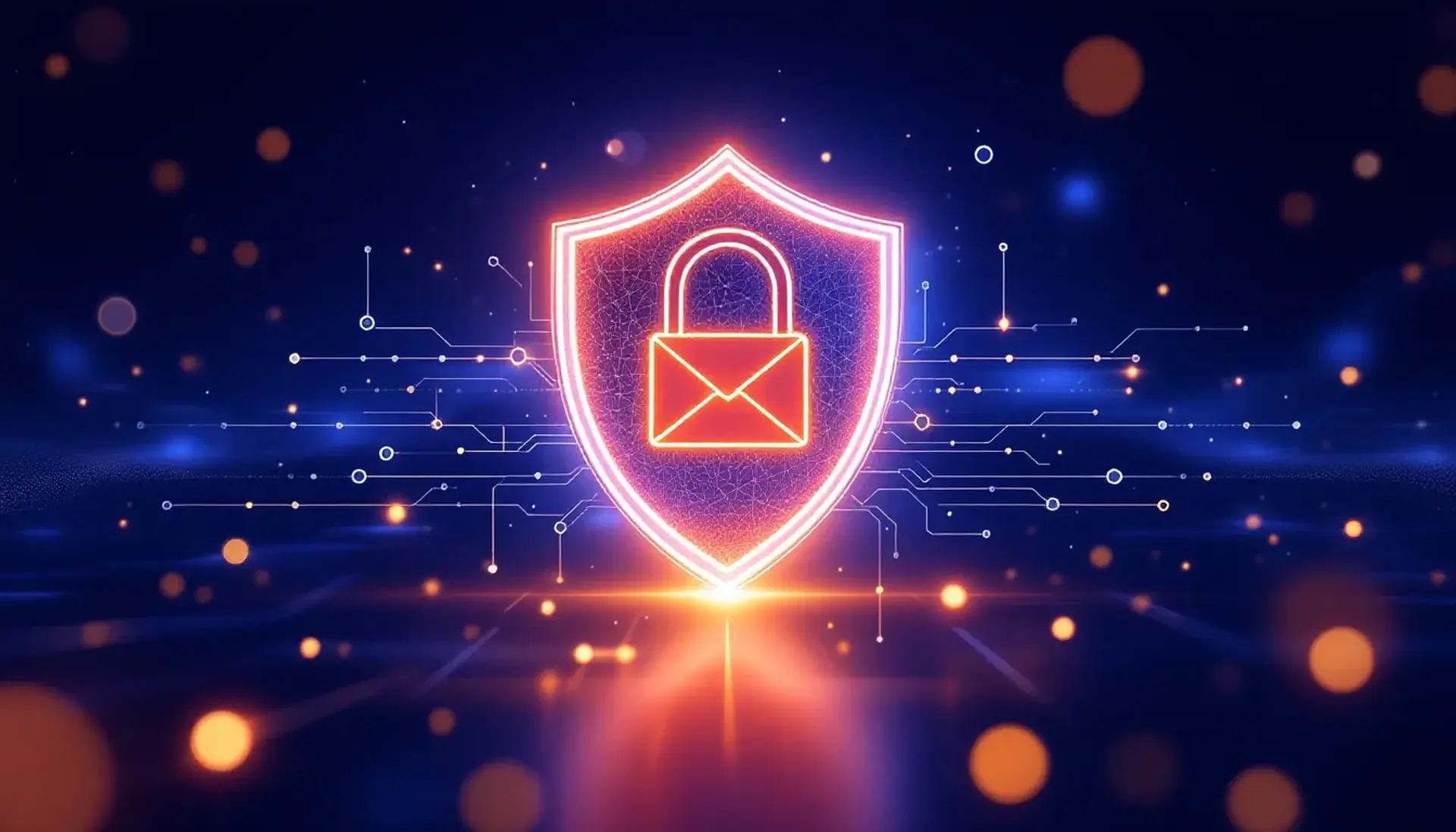 Abstracte cybersecurity-illustratie: digitaal schild tegen AI-phishing en accountovername