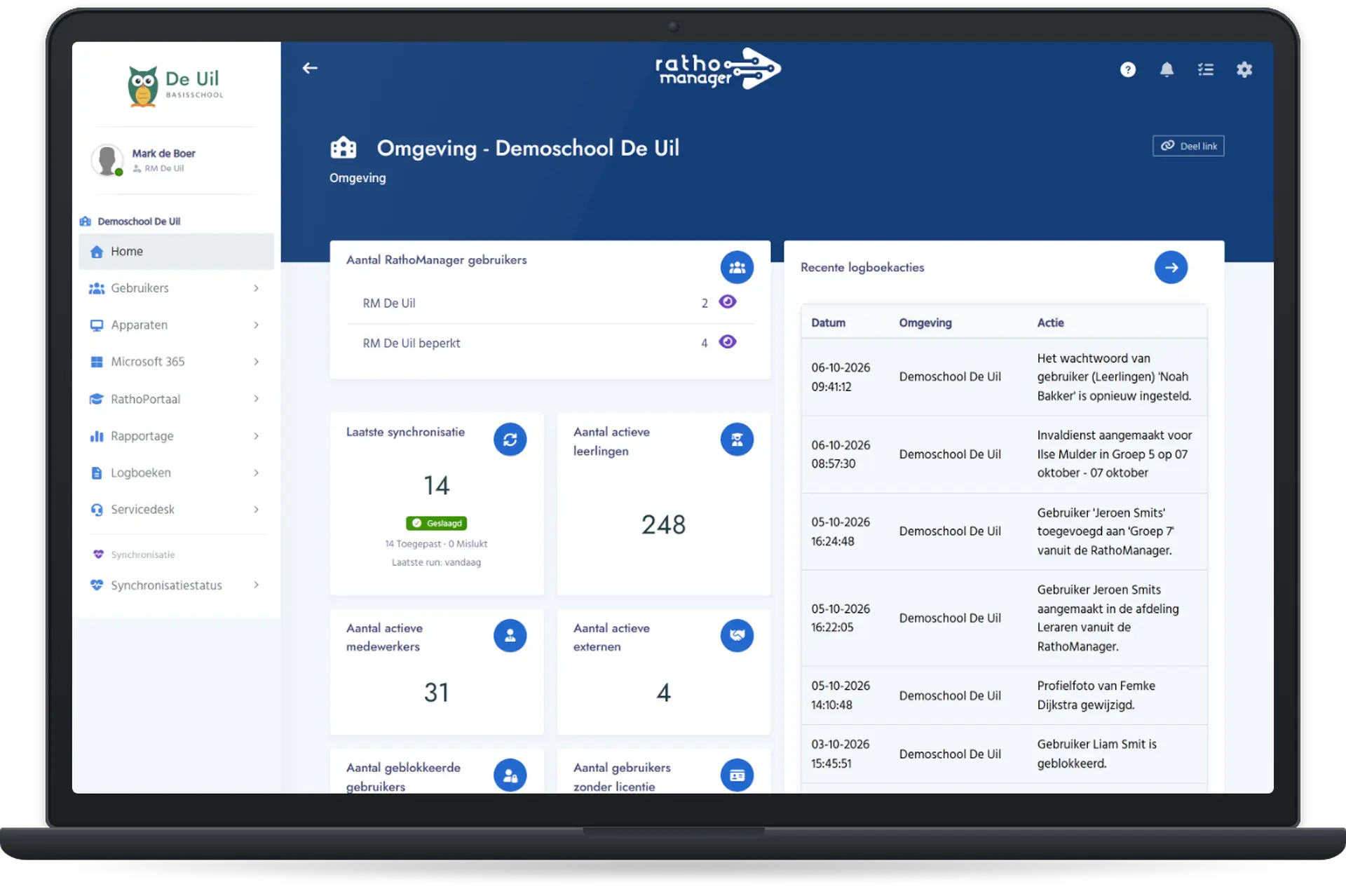 Het startdashboard van RathoManager op een laptop, met gebruikers, synchronisatie en recente logboekacties
