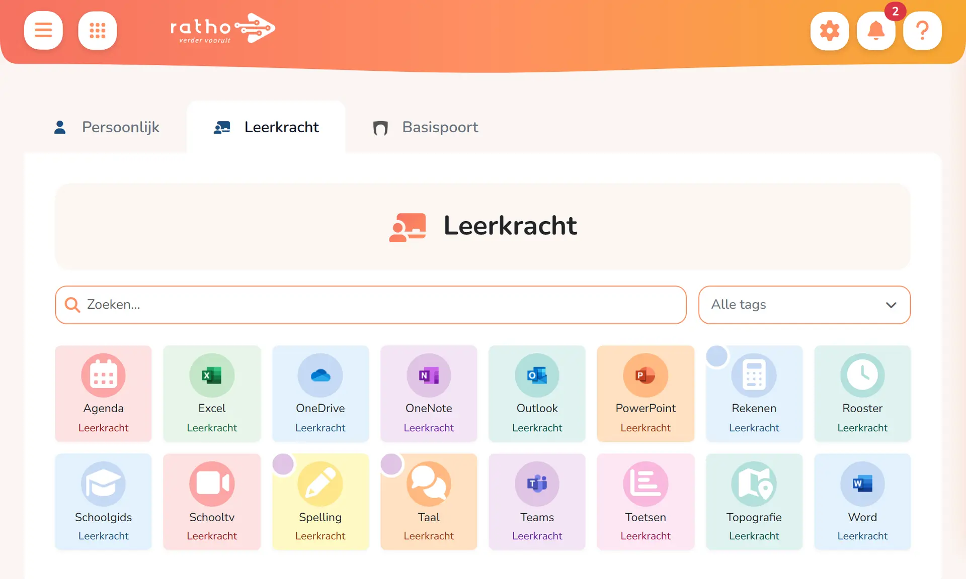 De startpagina van het RathoPortaal met kleurige snelkoppelingen voor de leerkracht