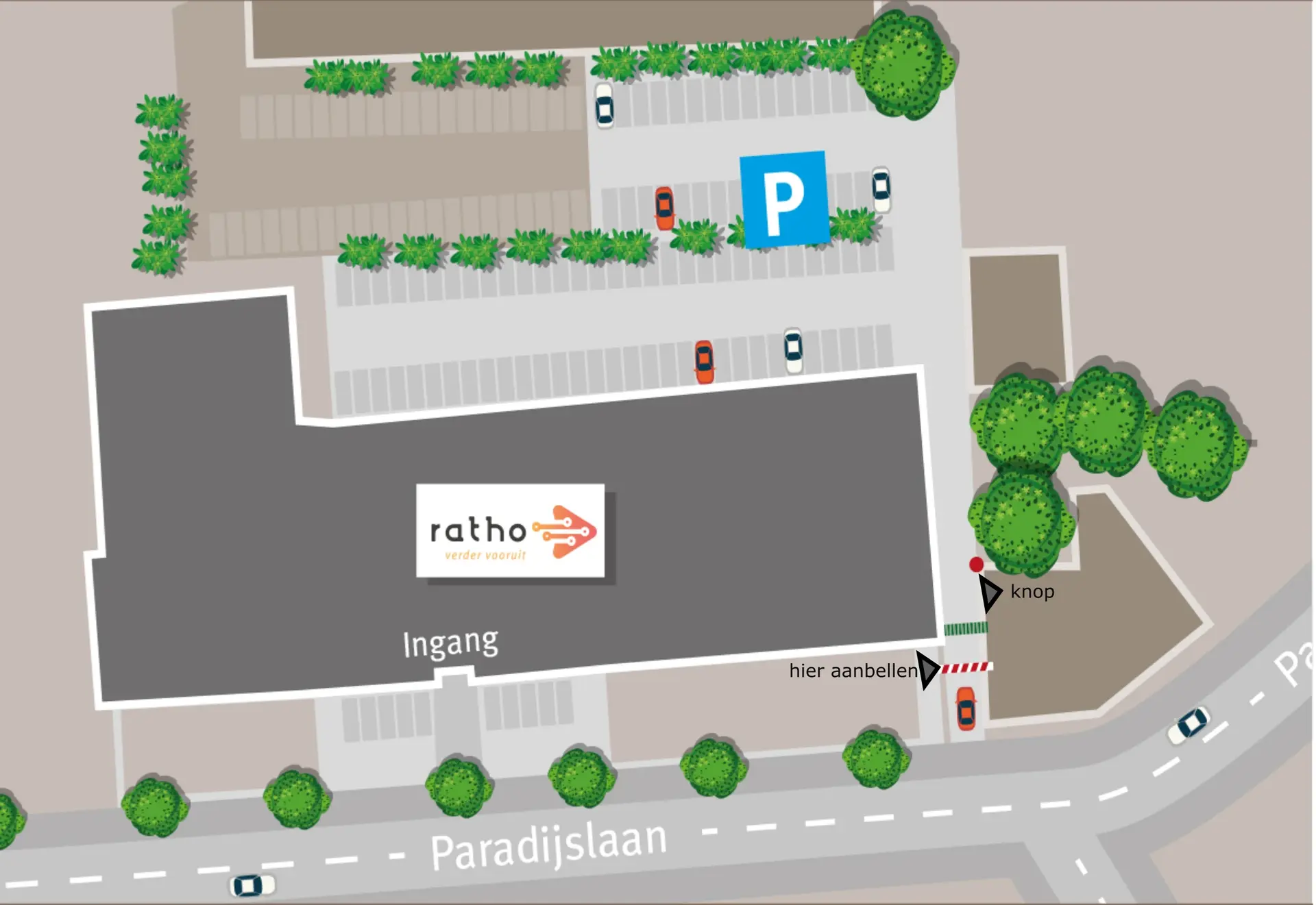 Plattegrond van het parkeerterrein achter Ratho aan de Paradijslaan 38a in Eindhoven, met de ingang, het aanbelpunt en de knop voor de poort.