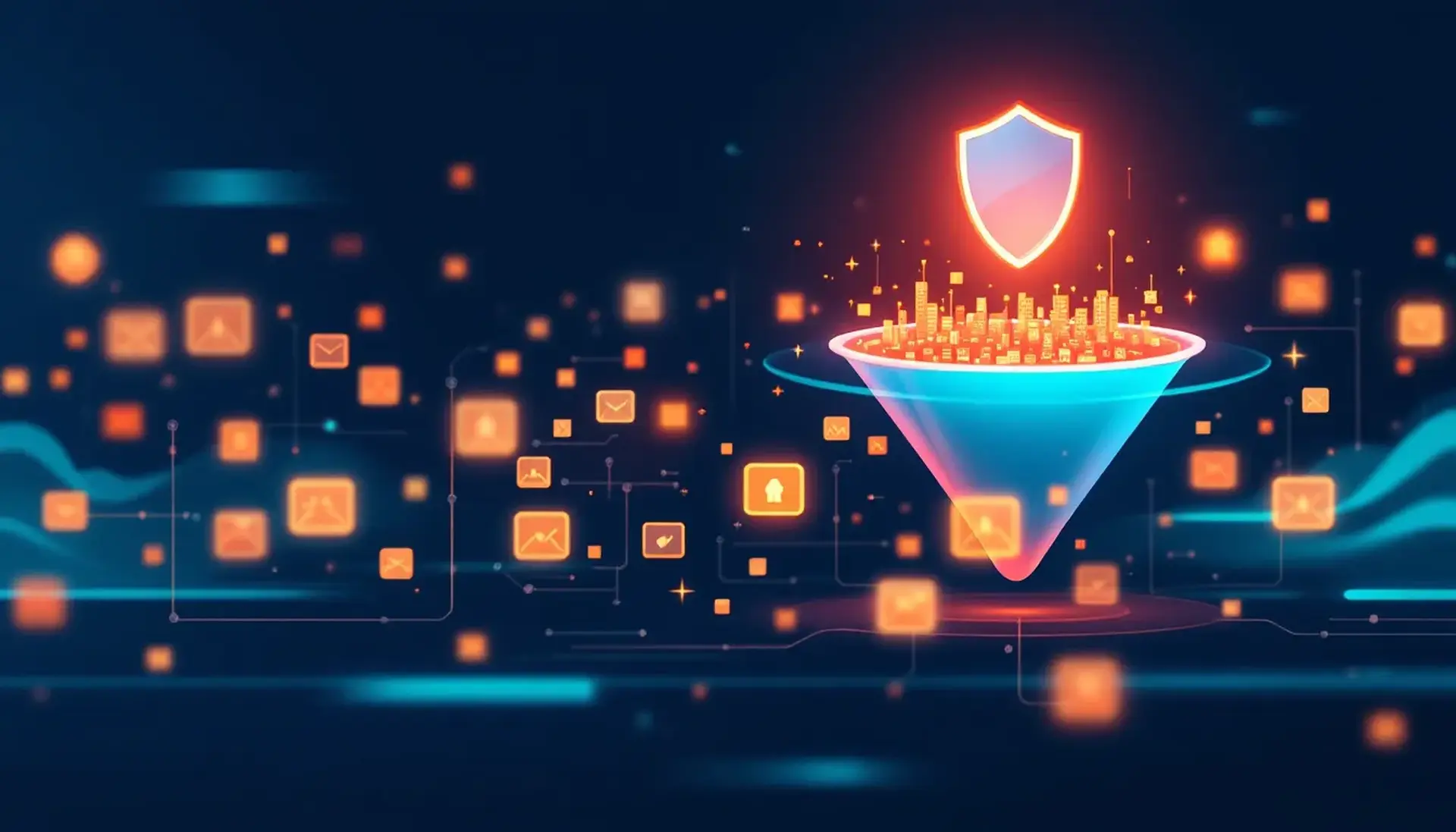 Abstracte cybersecurity-illustratie: een stroom AI-beveiligingswaarschuwingen gefilterd tot enkele kritieke signalen