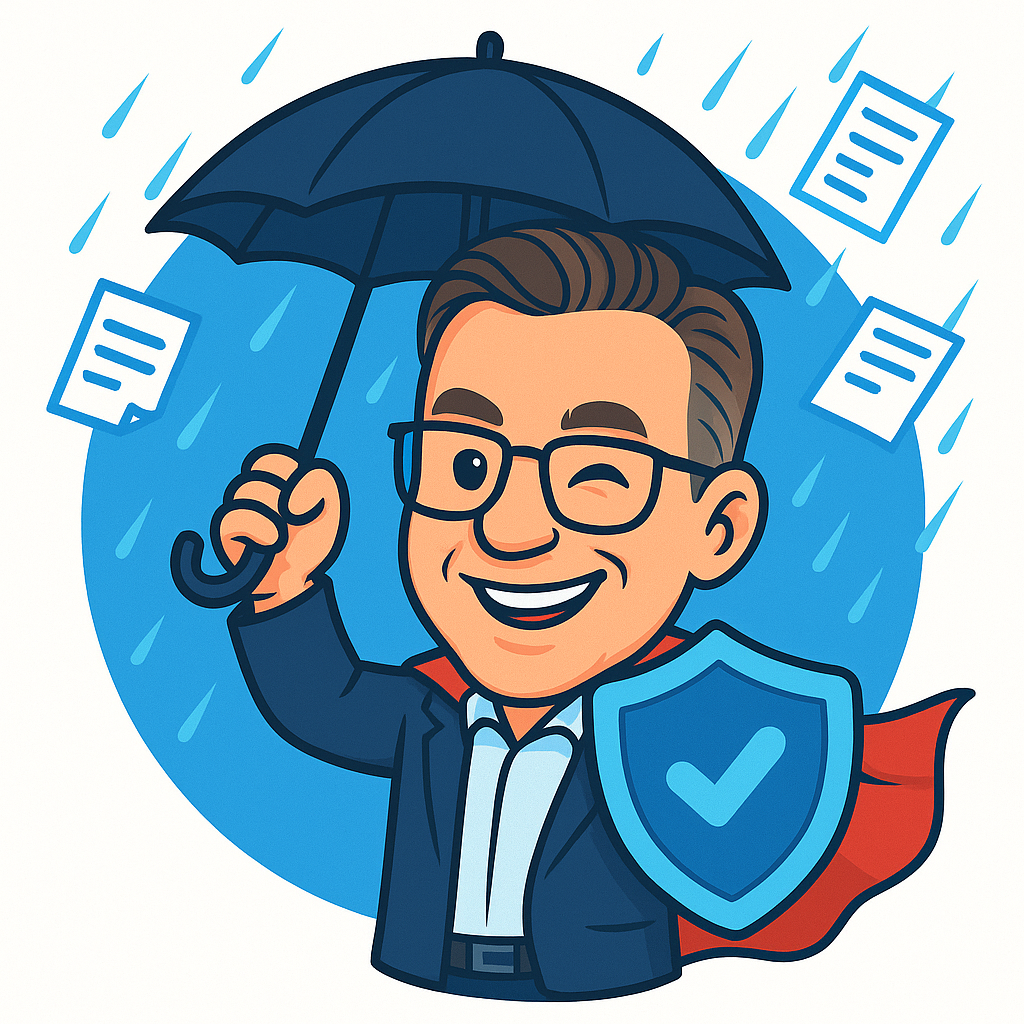 Mann im Anzug mit Brille und Regenschirm, lächelt. Er trägt ein Schutzschild mit Häkchen und winkt, während Papierblätter im Regen fallen.