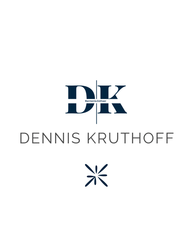 Logo mit den Buchstaben DK, dem Schriftzug "Dennis Kruthoff" und einem stilisierten Sternsymbol, auf weißem Hintergrund. - Dennis Kruthoff, BarmeniaGothaer Peine