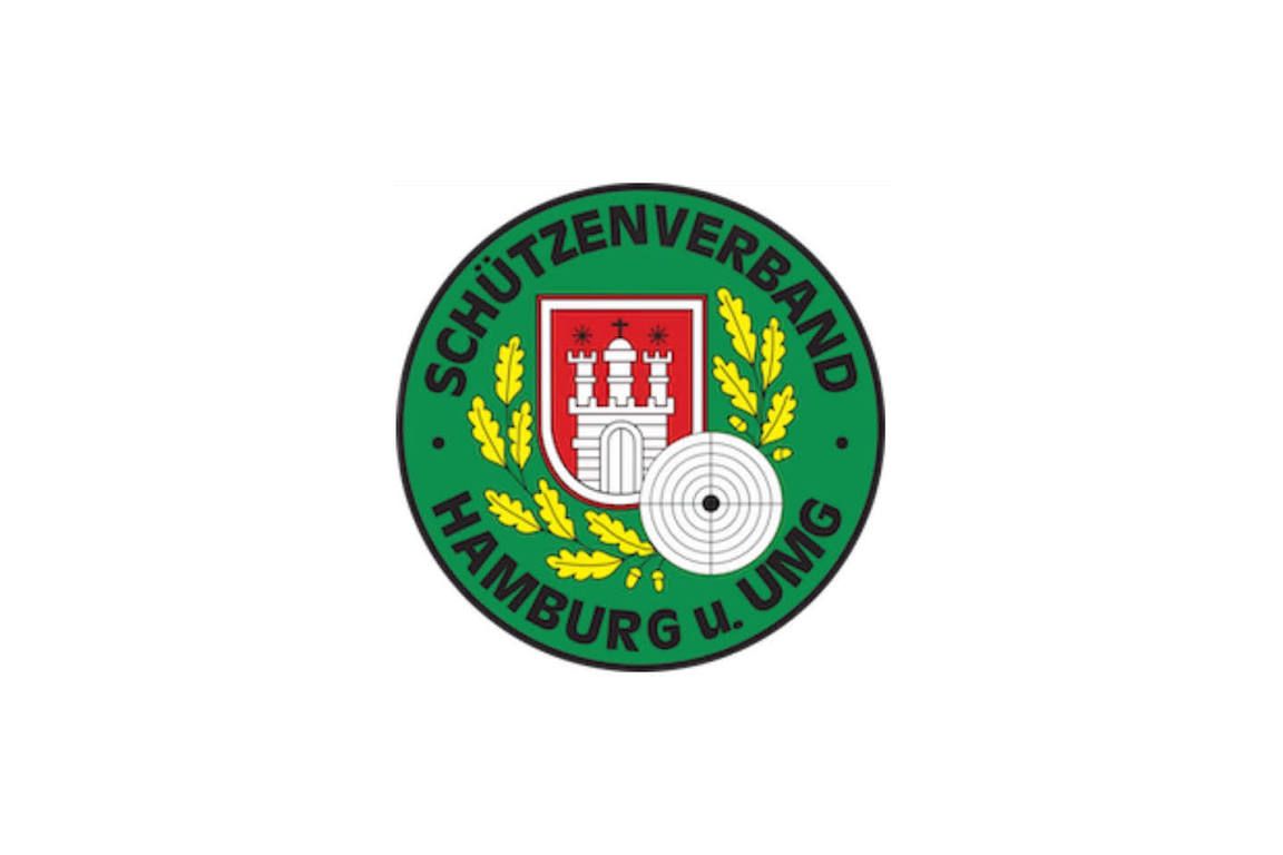 Logo des Schützenverbandes Hamburg und Umgebung, mit einem Wappen und Zielscheibe, umgeben von Eichenblättern.