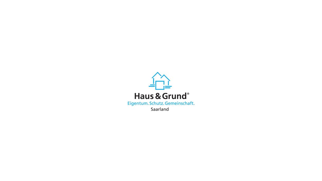 Logo von "Haus & Grund Saarland" mit Slogan "Eigentum. Schutz. Gemeinschaft." und einem stilisierten Haus in Blau.