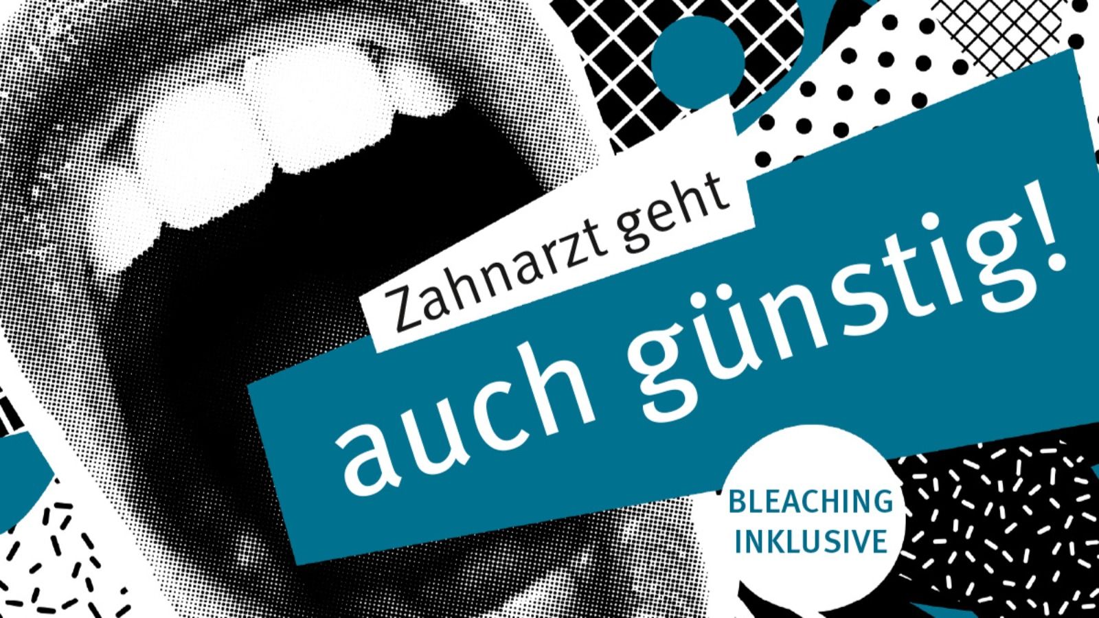 Grafik mit einem stilisierten offenen Mund, Text "Zahnarzt geht auch günstig!" und "Bleaching inklusive", in schwarzem und blauem Design. - Tim Rogalla, BarmeniaGothaer Oldenburg