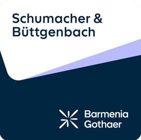 Blaues und weißes Logo mit dem Text "Schumacher & Büttgenbach" und "Barmenia Gothaer". - Simon Büttgenbach, BarmeniaGothaer Grevenbroich