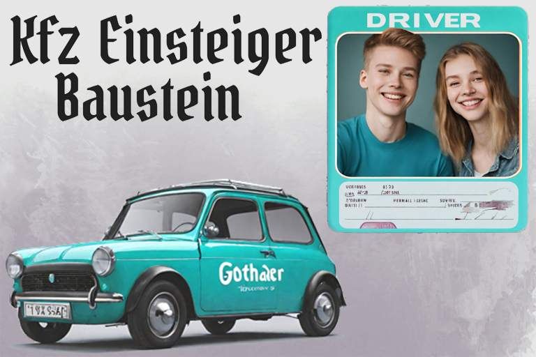 Vintage türkisfarbener Mini mit Aufschrift "Gothaer". Zwei lächelnde Personen auf einem "Driver"-Ausweis daneben, Text "Kfz Einsteiger Baustein".