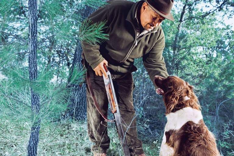 Mann mit Hut und Gewehr interagiert mit einem Hund im Wald, umgeben von Bäumen.