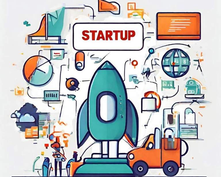 Illustration einer Rakete mit dem Wort "STARTUP" darüber, umgeben von Symbolen für Technologie und Innovation.
