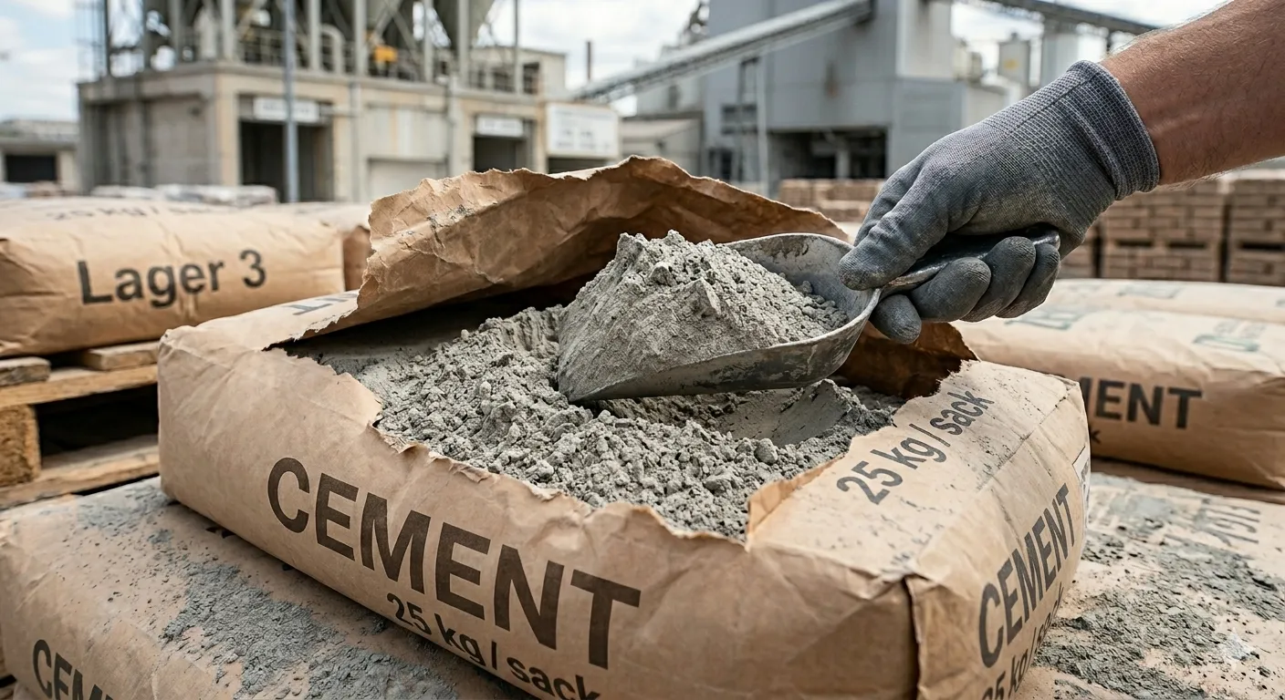 Close-up of a hand in a glove scooping gray cement from an open 25 kg sack labeled "CEMENT," in an industrial setting.