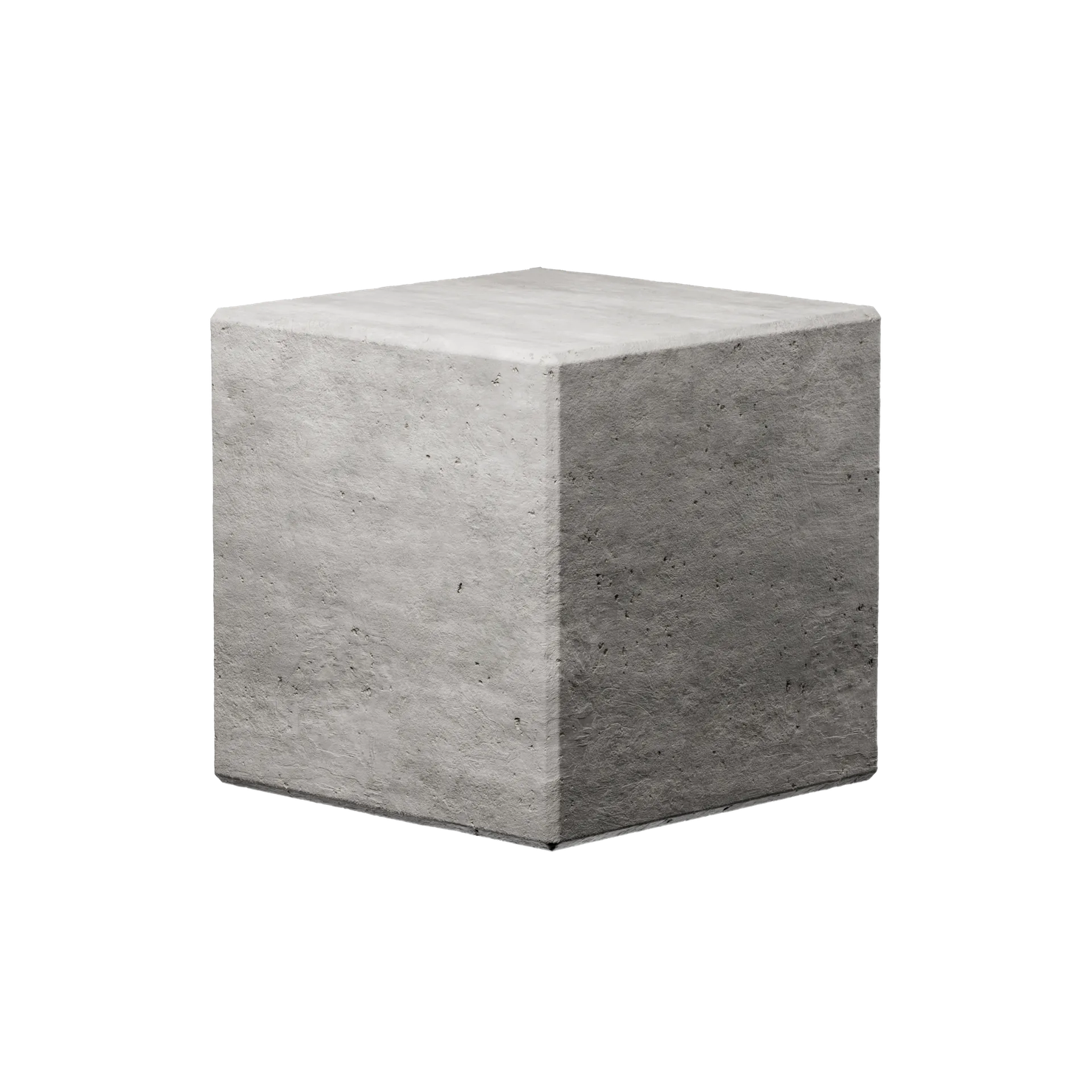A textured concrete cube with a smooth surface, set against a solid black background.