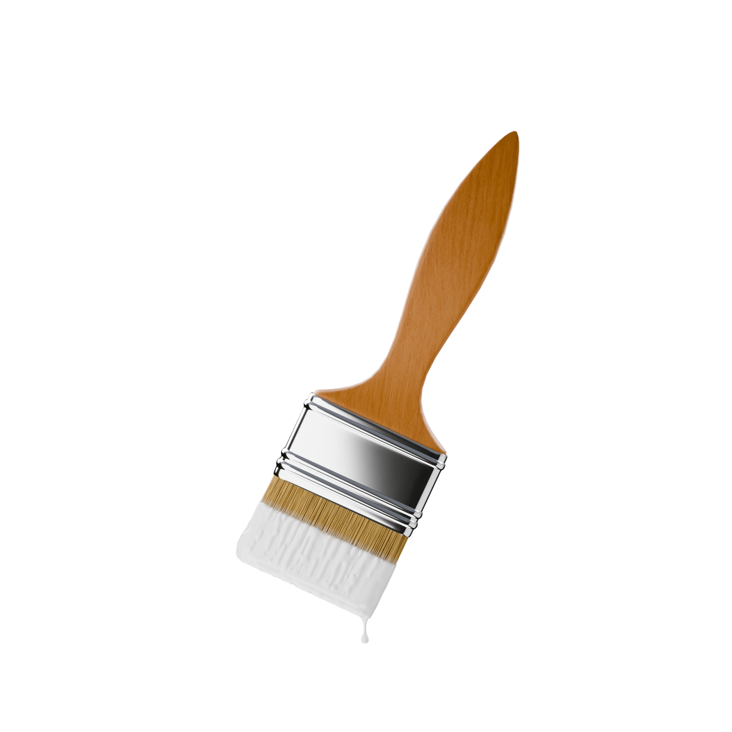 A paintbrush with a wooden handle and white bristles, slightly angled, isolated on a white background.