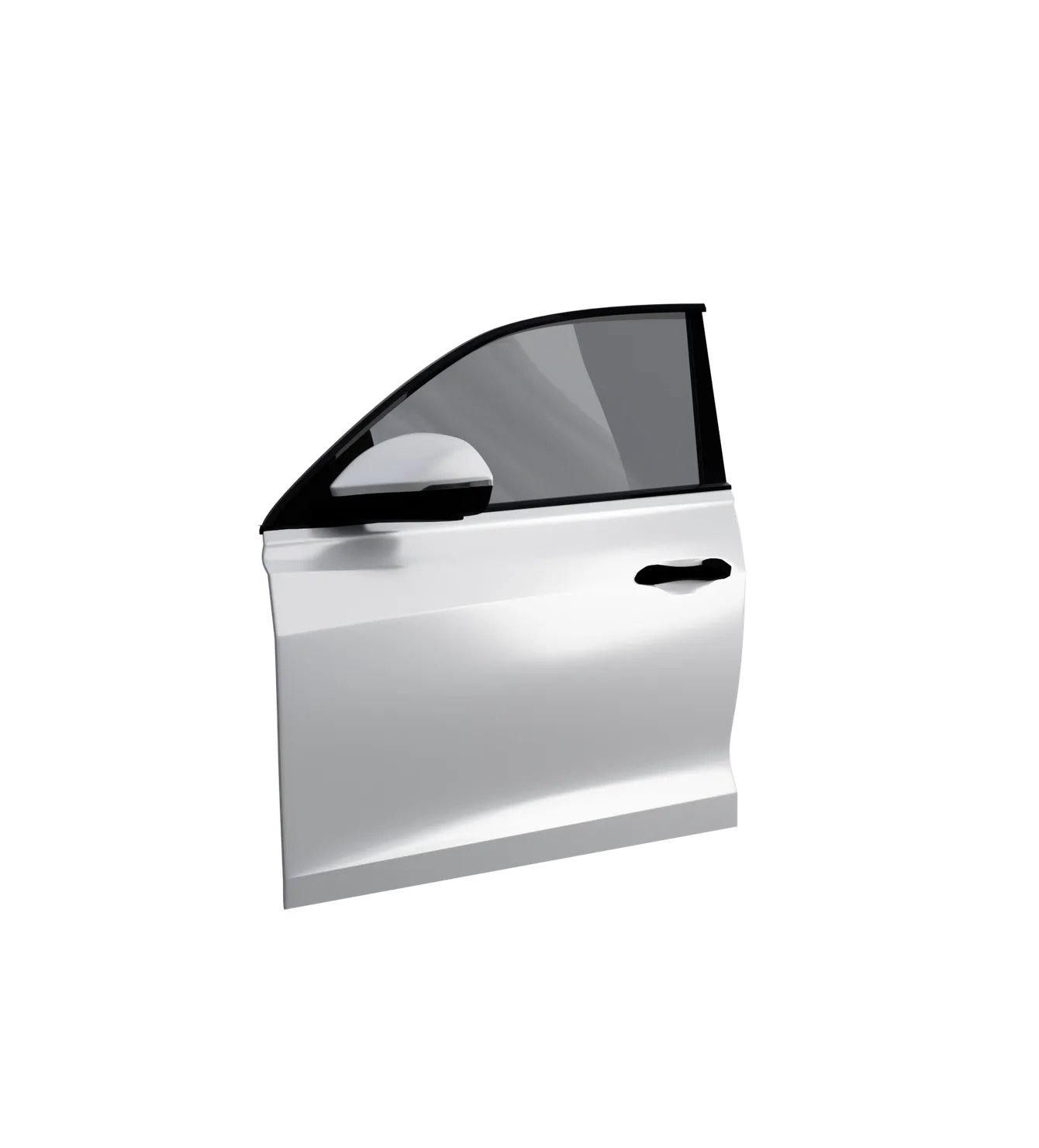 White car door with a tinted window and a side mirror, isolated against a black background.