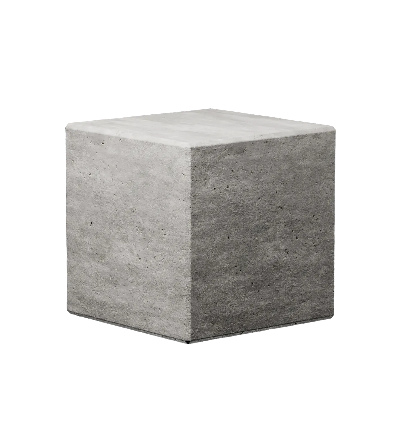 A textured concrete cube with visible surface imperfections, displayed against a dark background.