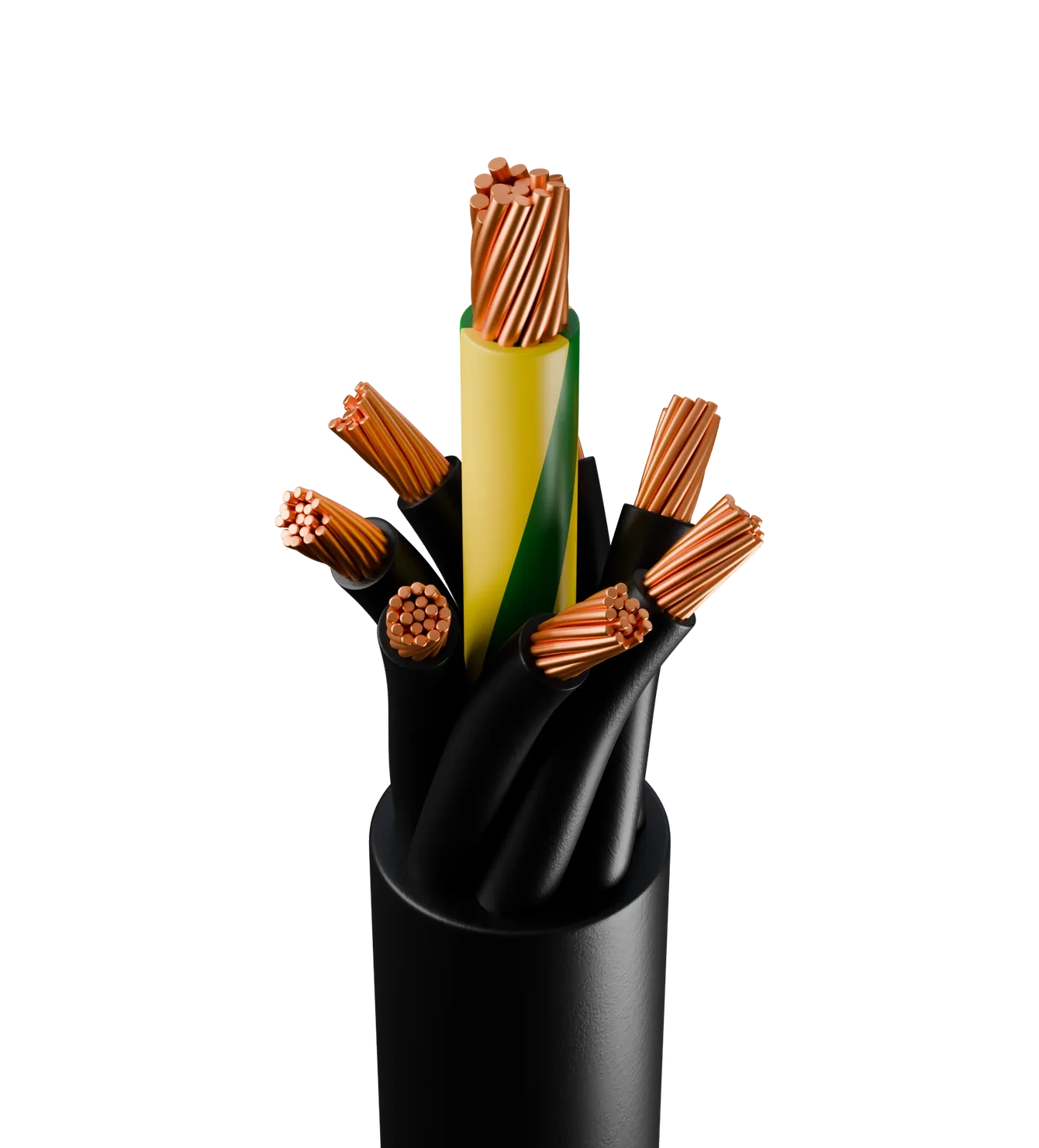Close-up of a multi-core electrical cable with exposed copper wires, featuring black insulation and one wire with yellow and green casing.