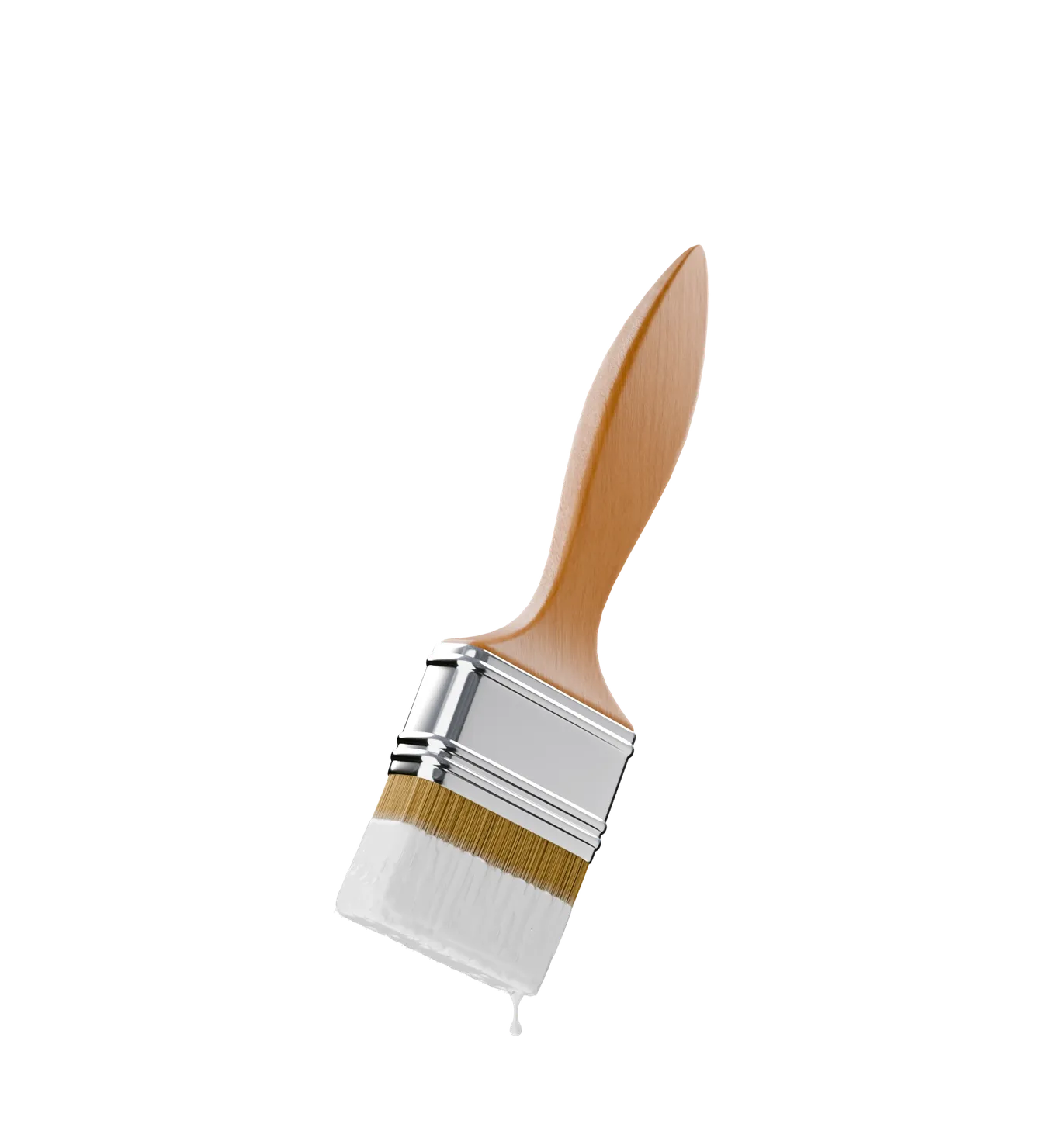 A wooden-handled paintbrush with metal ferrule, dipped in white paint, against a black background.