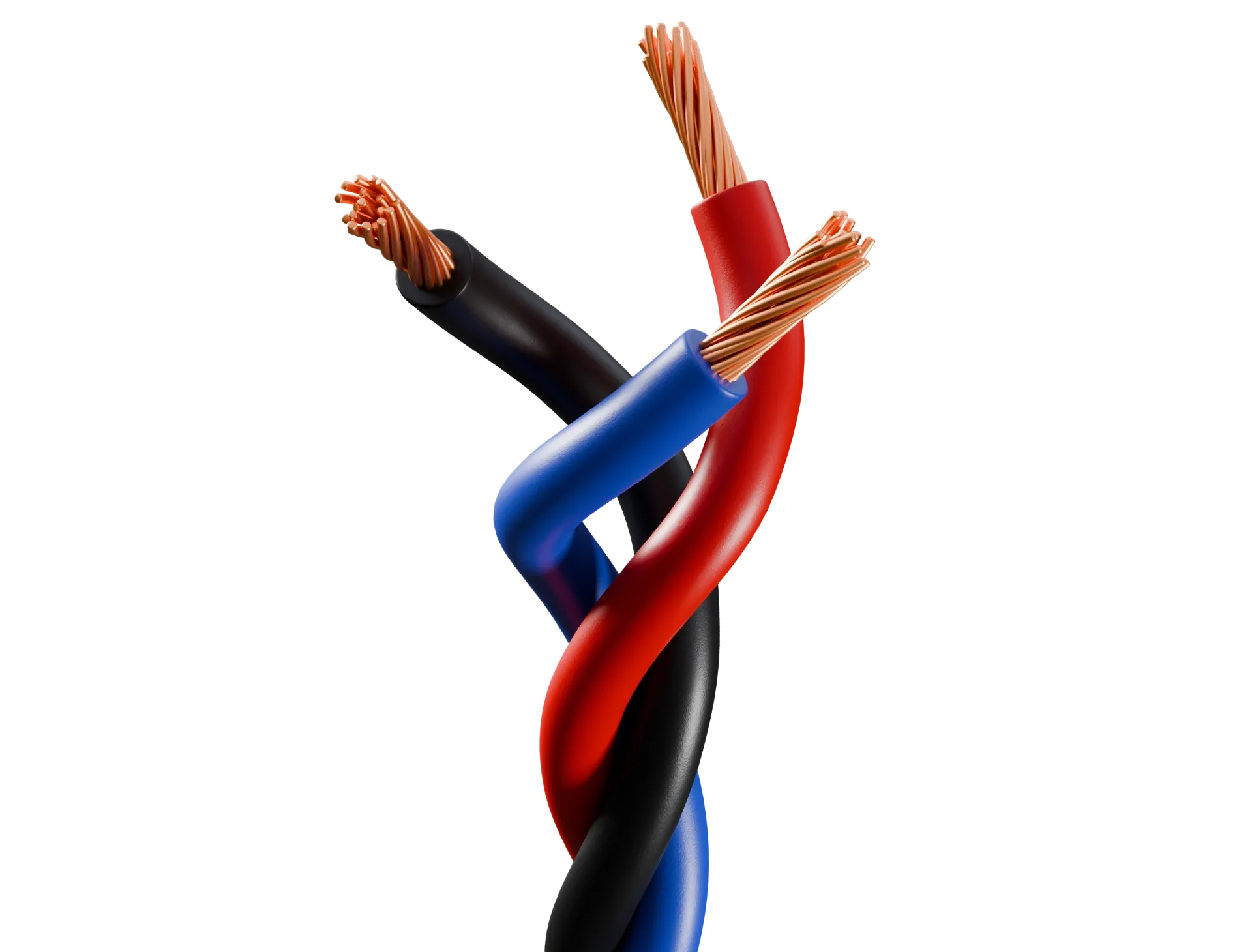 Three intertwined wires with exposed copper strands. The wires are red, blue, and black, set against a dark background.
