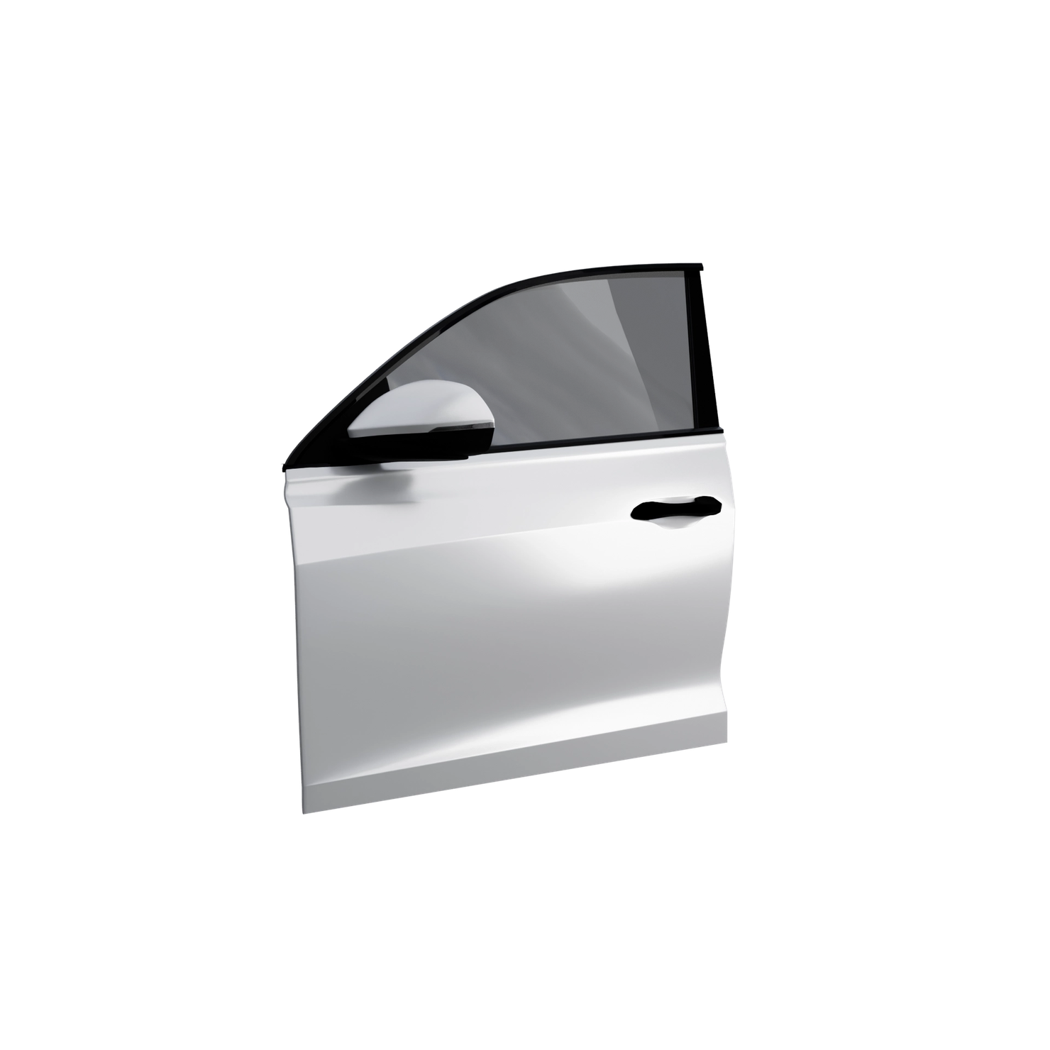 White car door with tinted window and side mirror, isolated on a black background.