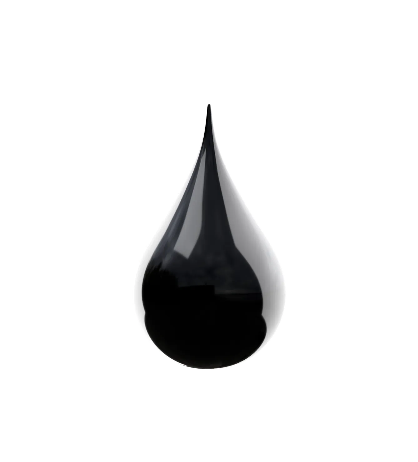 A glossy black droplet-shaped object with a reflective surface, centered on a black background.