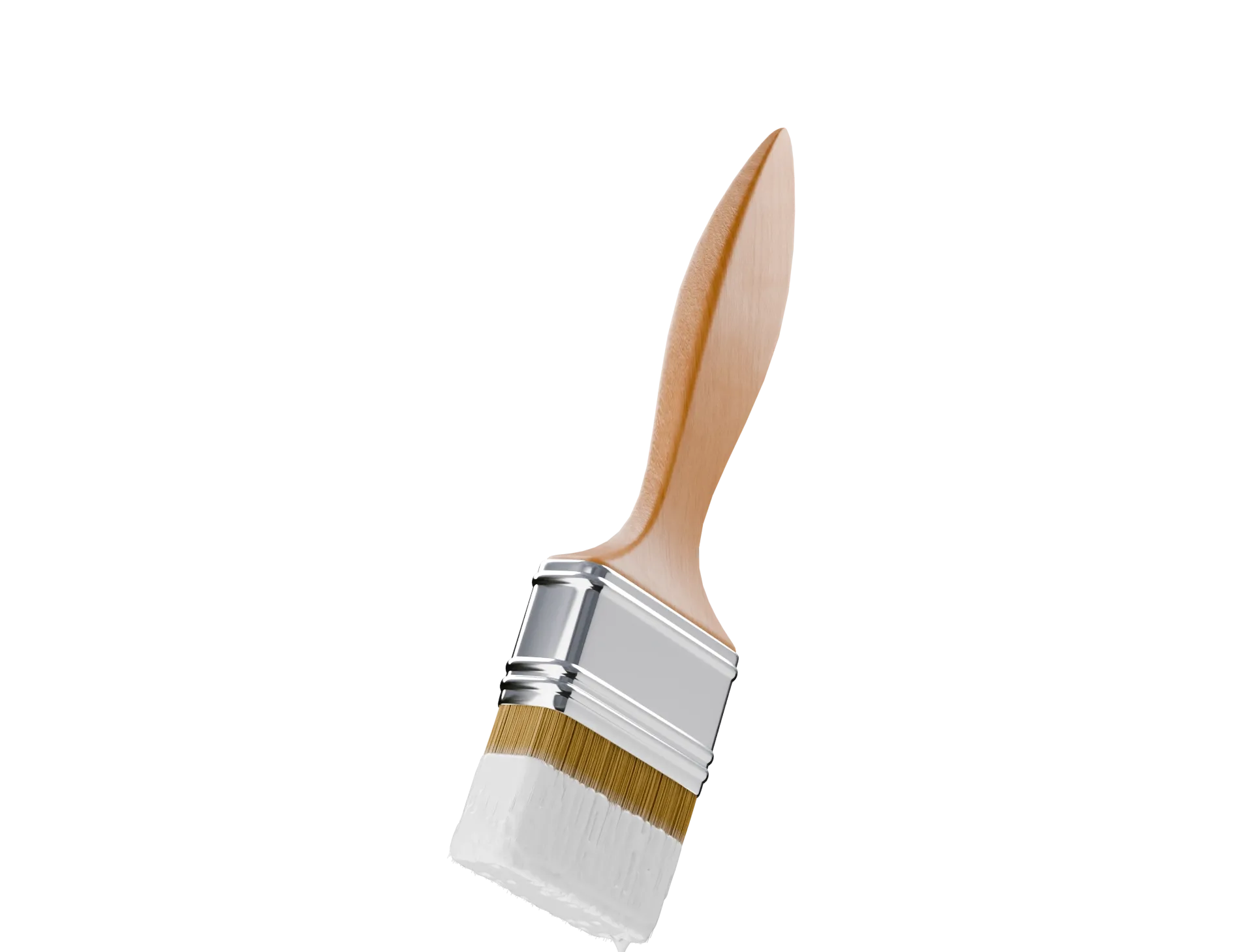 A wooden-handled paintbrush with metal ferrule, dipped in white paint, against a black background.