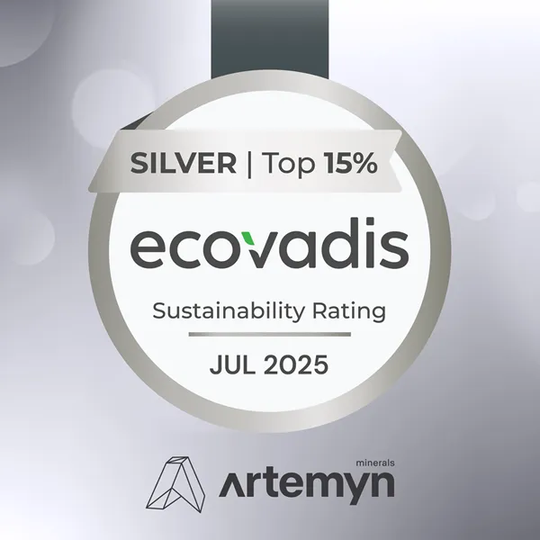 Silver EcoVadis Sustainability Rating badge for July 2025, Top 15%, with Artemyn Minerals logo below.