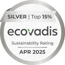 Ecovadis silver sustainability rating badge for April 2025, indicating a top 15% ranking.