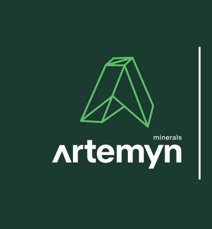 Logo on dark green background with geometric "A" design in green above the text "Artemyn minerals" in white. Vertical line on the right side.
